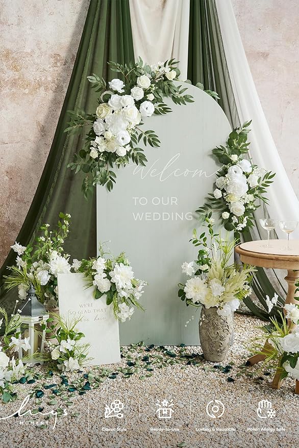 Ling's moment Artificial Wedding Arch Flowers Kit Pack of 4, 2pcs Hanging Silk Flowers Arrangement 2pcs Chiffon Drapes Ceremony Spring Fake Rose Arbor Backdrop White Sage Floral Party Outdoor Decor