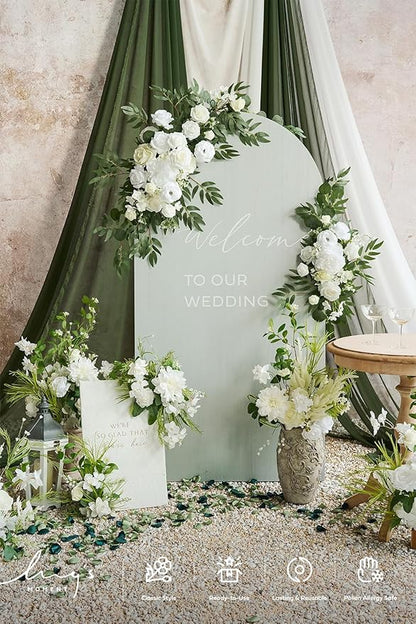 Ling's moment Artificial Wedding Arch Flowers Kit Pack of 4, 2pcs Hanging Silk Flowers Arrangement 2pcs Chiffon Drapes Ceremony Spring Fake Rose Arbor Backdrop White Sage Floral Party Outdoor Decor