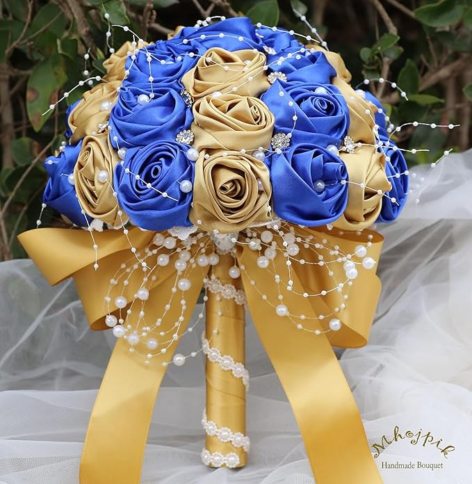 Bridal Wedding Bouquet Round Bling Brooch Bouquet Throw Toss Artificial Rose Flower Bunch for Bride Bridesmaid Wedding Quinceanera(Royal Blue & Gold, 7.5")