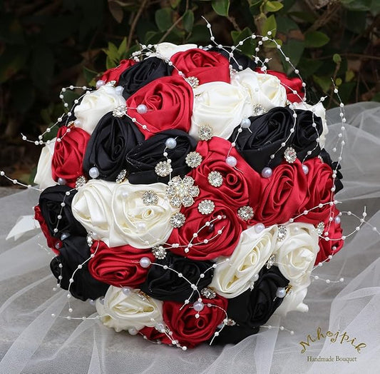 Bridal Wedding Bouquet Round Bling Brooch Bouquet Throw Toss Artificial Rose Flower Bunch for Bride Bridesmaid Wedding Quinceanera(Ruby Red, Black & Ivory, 8.7")