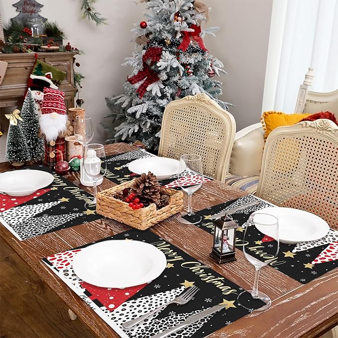 Merry Christmas Placemats Set of 4,Christmas Tree Placemats Dining Table Mat Set,12x18 Washable Stain Resistant Wipeable Cloth Placemat for Kitchen Buffet Parties
