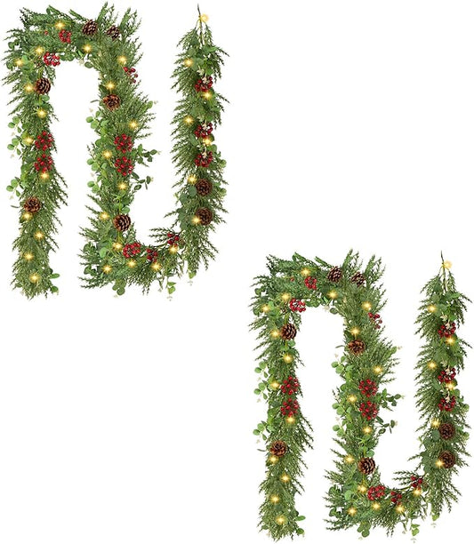2PCS 9FT Christmas Decorations Cedar Garland, Realistic Soft Pine Wreath, Artificial Green Faux Cedar Pine Garland for Fireplace Mantle Indoor Outdoor Holiday Party Home Decor(2,9FT)