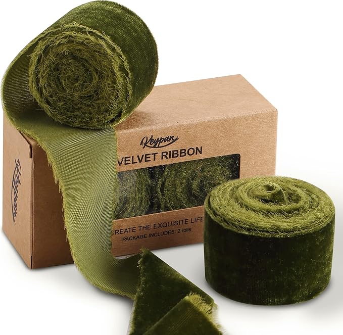 Velvet Ribbon for Gift Wrapping Olive Green Handmade Fringe Ribbons for Crafts Bouque Christmas Decorations 2 Rolls 1 1/2 Inch x 2 Yd (4 Yards Total)