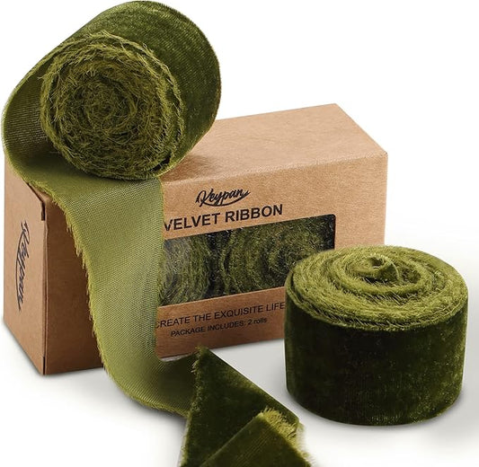 Velvet Ribbon for Gift Wrapping Olive Green Handmade Fringe Ribbons for Crafts Bouque Christmas Decorations 2 Rolls 1 1/2 Inch x 2 Yd (4 Yards Total)