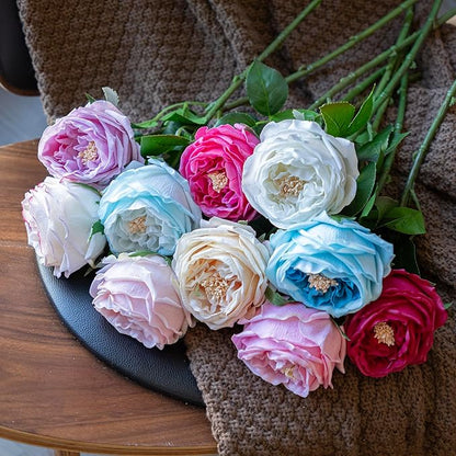 Fake Flowers for Decoration Home Decor Real Touch Artificial Flowers Austin Rose Peony Latex Fake Flower Living Room Decoration Vivid Pink Roses Peonies (Ice Blue 4pcs)