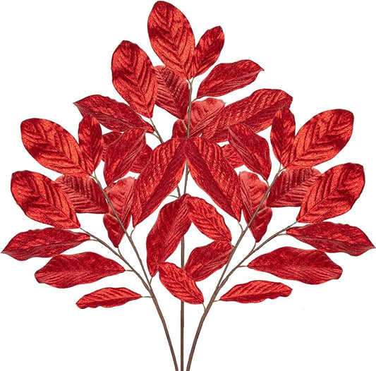 3pcs 31 inch Red Glitter Magnolia Leaf Sprays Artificial Christmas Tree Picks Sprays, Glittery Stem Ornaments for Christmas Tree Winter Wreath Swag Wedding Bouquet Centerpiece