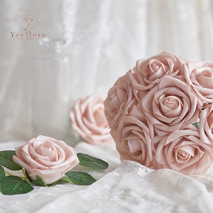 Artificial Flowers, 25pcs Artificial Rose for DIY Wedding Bouquets Centerpieces Arrangements, Pink Foam Roses with Stem for Bridal Shower Party Home Decorations