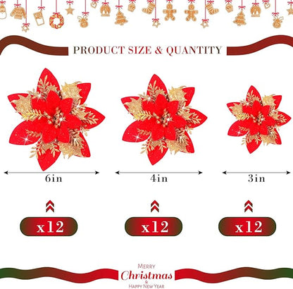 36 Pcs Christmas Glitter Artificial Poinsettia Flowers Xmas Poinsettia Artificial Wedding Flowers Decorations Xmas Tree Ornaments with Clips for Party, 6 Inch, 4 Inch, 3 Inch(Red and Gold)