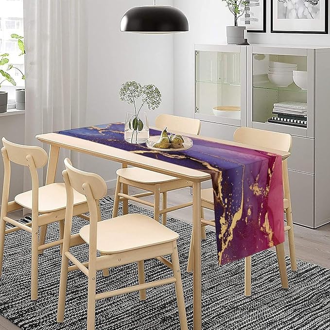 Purple Marble Table Runner Natural Abstract Luxury Ink Texture Gold Veins Red Printing Seasonal Dinner Runner Table Decoration for Farmhouse Home Kitchen Dining Holiday Party 13x120in