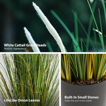 KOL 3ft 2-Pack Artificial Cattail Reed Grass, 35in Artificial Indoor Outdoor Fake Onion Grass Plant, Home Office Wedding Decorative Faux Potted Plant Greenery, Housewarming Gift, White