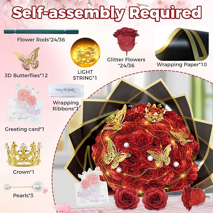 Red Glitter Roses Bouquet, 36 Pcs Shiny Glitter Flowers Bouquet, Everlasting DIY Artificial Roses Bouquet for Christmas, Birthday, Anniversary, Wedding, Engagement