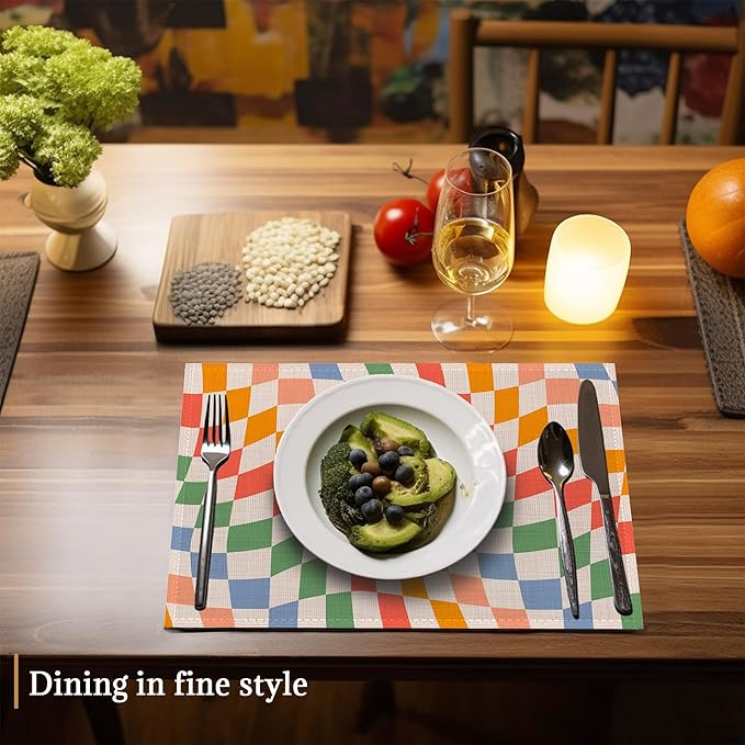 Groovy Retro Wavy Checkered Orange Placemats Set of 6 Place Mats for Kitchen Table Washable Farmhouse Linen Table Mats Dining Decoration 12x18 Inch