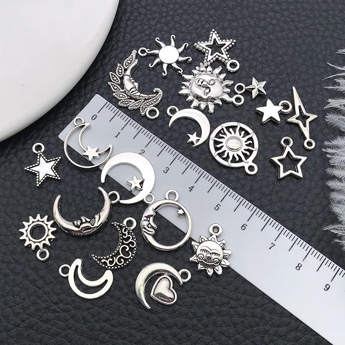 WOCRAFT 60pcs Antique Silver Sun Moon Star Bracelet Charms for Jewelry Making Sets DIY Necklace Bracelet Keychain Crafting Charms Kit Craft Supplies (SN833)