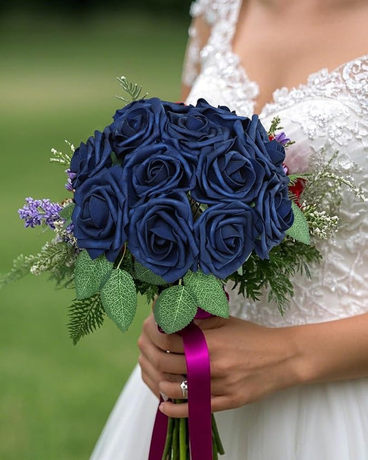 DuHouse 50Pcs Artificial Roses Flowers Fake Roses with Stems Real Touch Foam Flowers for DIY Wedding Bouquet Baby Shower Centerpiece Floral Arrangement Party Home Decor(Navy Blue)