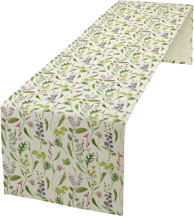 Wildflower Table Runner, Watercolor Green Botanical Flowers Vintage Bohemian Design Table Runner for Kitchen Dining Home Party Home Decor , 13x60 Inch