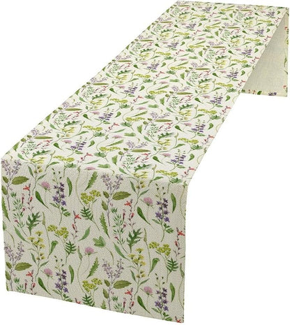 Wildflower Table Runner, Watercolor Green Botanical Flowers Vintage Bohemian Design Table Runner for Kitchen Dining Home Party Home Decor , 13x70 Inch