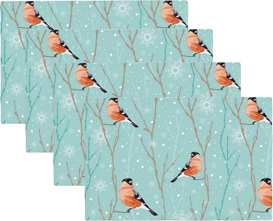 Christmas Snowflakes Placemats Set of 4,Bullfinch Placemats Dining Table Mat Set,12x18 Washable Stain Resistant Wipeable Cloth Placemat for Kitchen Buffet Parties