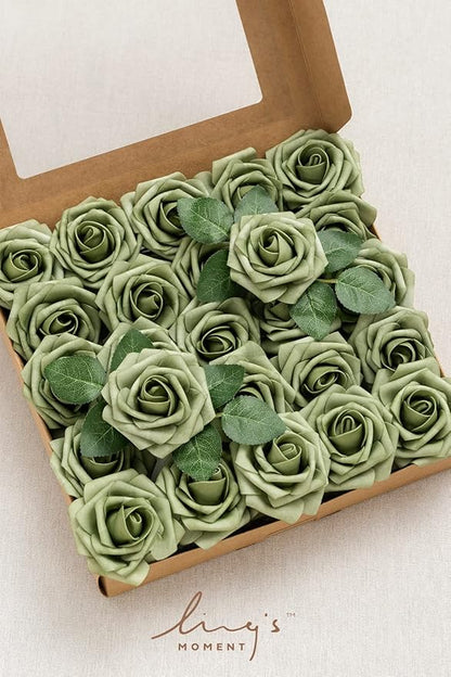 Ling's moment Artificial Flowers 25Pcs Elf Green Roses Decor w/Stems,3" Real Touch DIY Foam Floral for Wedding Bouquet/Centerpieces, Outdoors Party Backdrop, Room/Table, and Garden/Pot Decorations