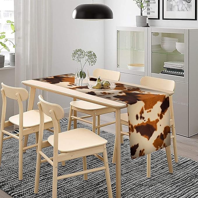 Cow Print Table Runner, Brown Cowhide Print Western Style Table Runner Country Farmhouse Cottage Cow Patten Table Decoration for Home Kitchen Dining, 13x90 Inch