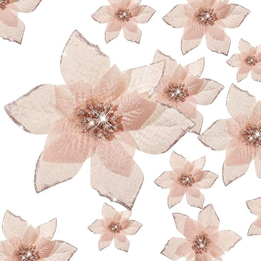 WILLBOND 24 Pcs 3 Size Poinsettia Flower Artificial Christmas Decor Glitter Poinsettia Christmas Ornaments Faux Flowers for Xmas Tree Outdoor(4/6/7.9 Inches,Rose Gold)