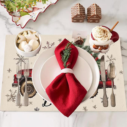 Christmas Truck Carry Tree Placemats Set of 4,Christmas Believe 12x18 Inch Non-Slip Washable Heat Resistant Linen Fabric Table Mats,Place Mats for Holiday Party