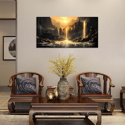 Mountain Pictures Wall Art for Living Room Waterfall Canvas Wall Decor Office Black and Gold Wall Art Bedroom Size 20" x 40"
