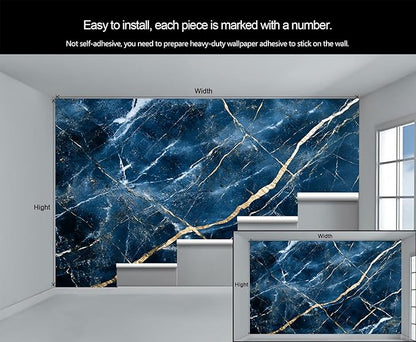 Blue Marble Wall Mural, Gold Vein Marble 3D Wall Murals, Luxury Navy Stone Wallpaper Mural, for Living Room Bedroom Large Wallpaper Indoor Decor 169.3" W x118.2 H