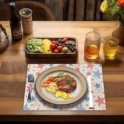Patriotic Placemats Set of 4, Colorful American Stars Linen Place Mats Heat Resistant Non-Slip Washable Table Mats for Dining Kitchen Party Decor 12"x18"