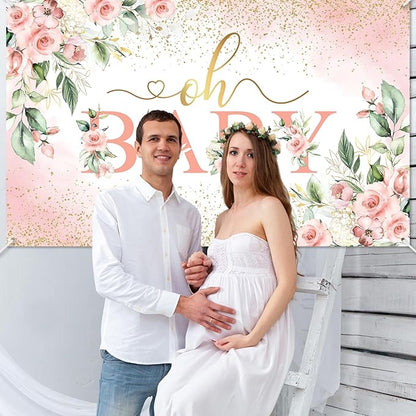 Mocsicka Oh Baby Backdrop Pink Floral Baby Shower Banner for Girls Party Decorations Photo Booth Props (Pink, 8x6ft)