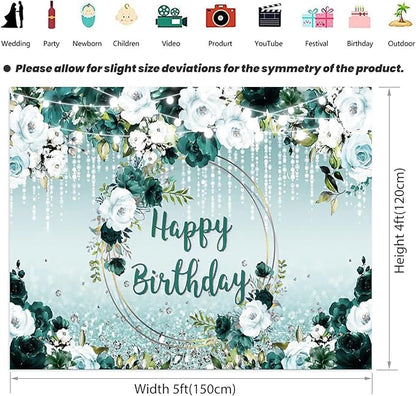 Renaiss 5x4ft Floral Happy Birthday Backdrop for Woman Fabric Green White Flowers Blooming Flower Photography Background Shinning Diamond Photo Backdrops for Birthday Party Supply