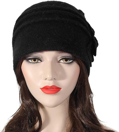 ZLYC Women Wool Cloche Bucket Hat 1920s Vintage Dress Winter Hats with Flower Accent