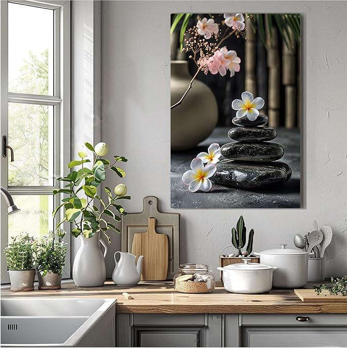 A harmonious black stone stack paired with white and pink flowers bamboo and ceramic vases creates a tranquil Zen decor for minimalist homes and mindful spaces 12x18in Wood Framed