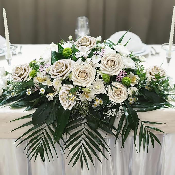 Artificial Flowers, 50pcs Champagne Light Gold Rose for DIY Wedding Bouquets Centerpieces Arrangements, Artificial Rose with Stem for Bridal Shower Party Home Decorations