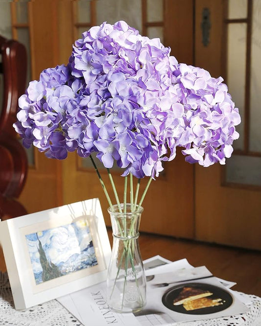 DuHouse Silk Hydrangea Artificial Flowers Heads with Stems for Wedding Home Decor Pack of 6 (Purple)