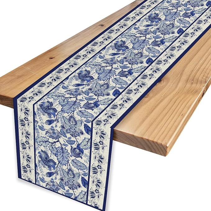 Blue Floral Table Runner, Rustic Vintage Paisley Floral Retro Boho Art Linen Coffee Table Center Decor for Family Kitchen Farmhouse Holiday Party Table Decorations Indoor Outdoor 13x36 inch