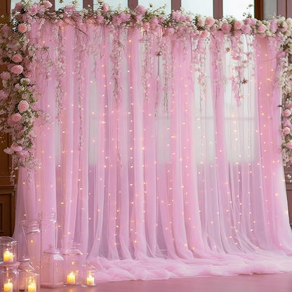 30ft x 10ft Pink Backdrop Curtain with Lights String for Parties, Sheer Tulle Wedding Photo Backdrops Drapes for Baby Shower Birthday Party Decorations Background for Photography