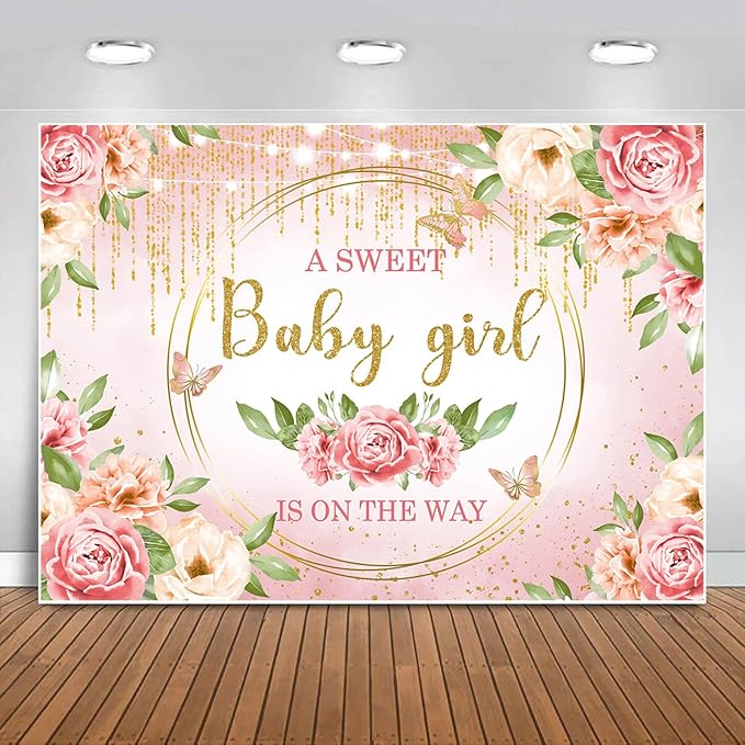 Sensfun Pink Floral Baby Girl Baby Shower Backdrop Banner Decorations Glitter Gold It's a Sweet Girl Banner Sign Photography Background for Girls Baby Shower Party Supplies Photo Booth Props 7x5ft