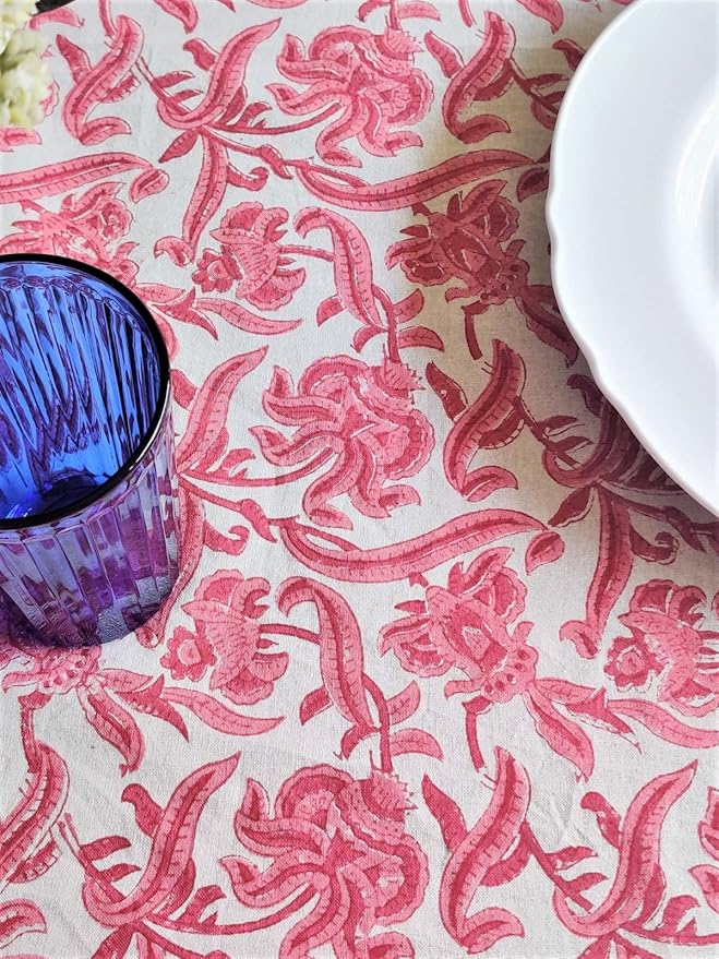 ATOSII Red Bloom 100% Cotton Rectangle Tablecloth, Block Print Floral Linen Table Cloth for Dining Parties Outdoors Weddings Holidays I 72 X 108 Inches, 8 Seater, Summer Farmhouse Grandmillennial