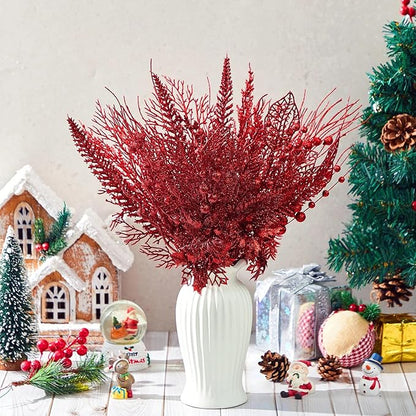30 Pcs Artificial Christmas Tree Picks and Sprays Glitter Berry Stem Branches Holly Floral Picks Twigs Christmas Tree Ornaments for DIY Xmas Wreath Vase Filler Decorations(Red)