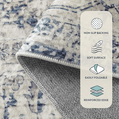 Lahome Oriental Kitchen Runner Rug Non Slip, 2x5 Washable Hallway Runner with Rubber Backing, Vintage Hallway Rug Ultra-Thin Soft Carpet for Bedroom Bathroom, Blue