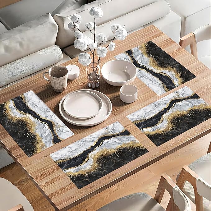 Abstract Marble Placemats Set of 4, Placemats for Dining Table,Heat Resistant Stain Resistant Wipeable Table Mats for Kitchen Dining Holiday Party Home Decor,12x18 Inch