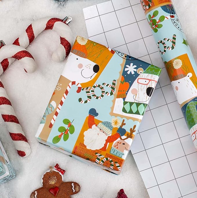 MAYPLUSS Christmas Metallic Foil Shine Gift Wrapping Paper - 17 Inch X 33 Feet - Cute Polar Bear on Scooter, Snowman, Candy Cane and Deer Pattern Gift Wrap Present Paper Roll for Winter, Holiday