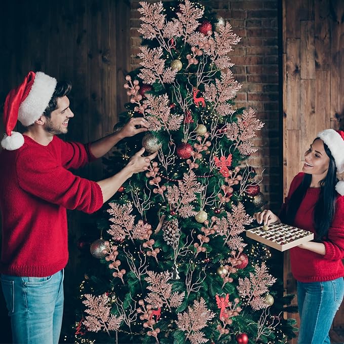 75 Pcs Christmas Glitter Branches 3 Styles Artificial Christmas Picks Berries Stems Pine Needles Floral Twig Spray for Xmas Tree Ornaments DIY Wreath Garland(Rose Gold)