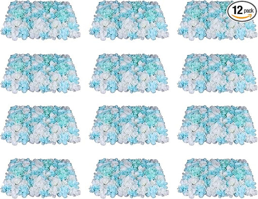 12PCS Flower Wall Panels, 3D Silk Floral Wall Backdrop, Realistic Blue Rose Hydrangea Flower Backplanes, Roll Up Fake Flower Background for Valentines Wedding Party Home Decoration