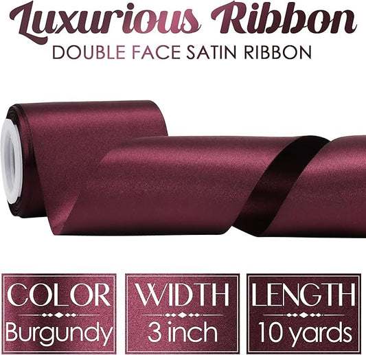 MEEDEE Burgundy Satin Ribbon Lux Double Faced Satin Ribbon 3 Inch Wide Christmas Ribbons by 10 Yards Burgundy Ribbons for Christmas Tree, Weddings, Flower Bouquet, Wreath Bow Making