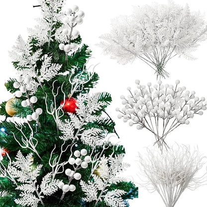 75 Pcs Christmas Glitter Branches 3 Styles Artificial Christmas Picks Berries Stems Pine Needles Floral Twig Spray for Xmas Tree Ornaments DIY Wreath Garland(White)