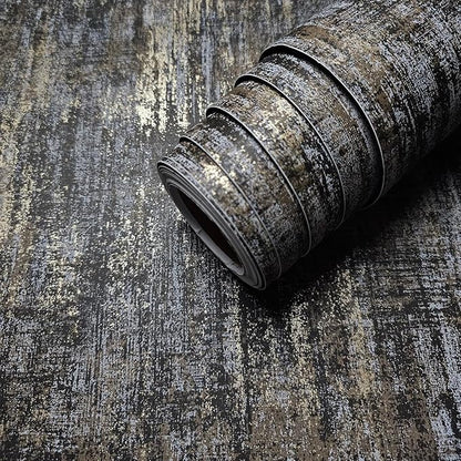 AM1NAH Vintage Metallic Distressed Wallpaper 17.7" X 236" Charcoal Gold Industrial Textured Concrete Wall Paper for Home Office Coffee Shop