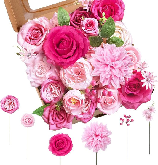 Jspupifip Pink, Hot Pink Artificial Flowers Combo Box Fake Silk Roses with Stems Hydrangea Peony Arrangement for Bridal Shower Boho DIY Wedding Cake White Flowers Table Decorations