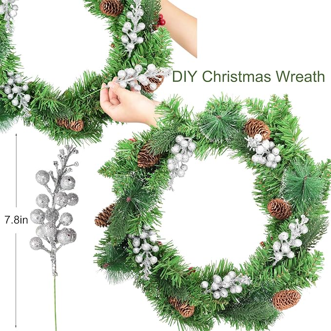 DearHouse 14 Pack Christmas Glitter Berries Stems, 7.8Inch Silver Artificial Christmas Picks for Christmas Tree Ornaments, DIY Xmas Wreath, Crafts, Holiday and Home Decor