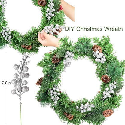 DearHouse 14 Pack Christmas Glitter Berries Stems, 7.8Inch Silver Artificial Christmas Picks for Christmas Tree Ornaments, DIY Xmas Wreath, Crafts, Holiday and Home Decor